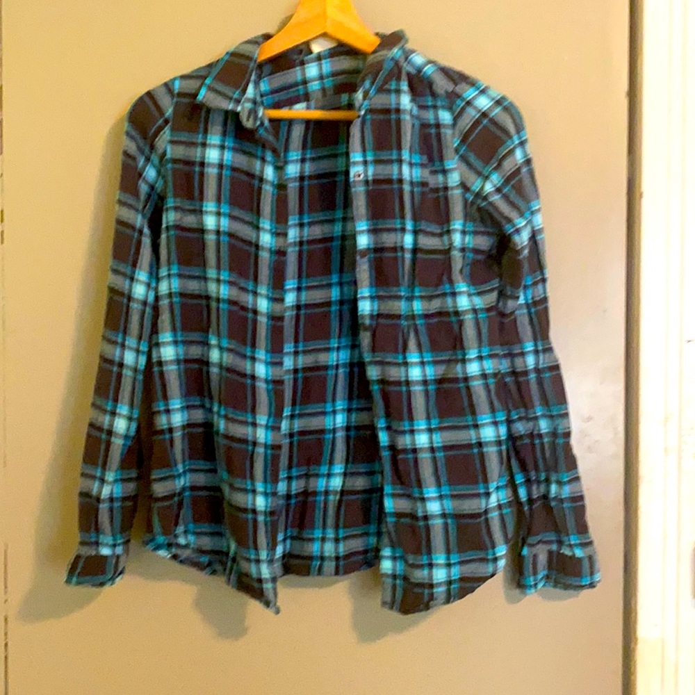Faded Glory Black and Blue Plaid Button Up
